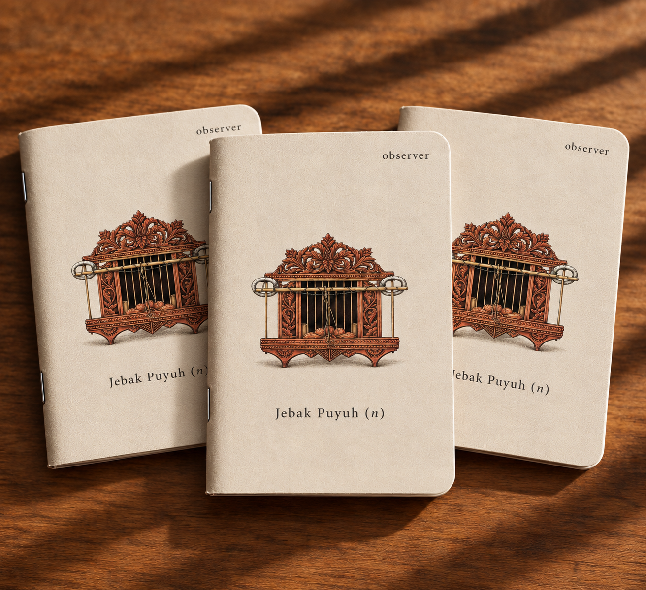 Three Jebak Puyuh Pocket Books standing on a wooden table